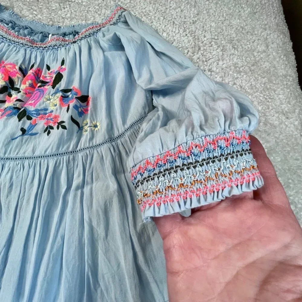 Free People Sunbeams Floral Embroidered Off Shoulder Dress Blue